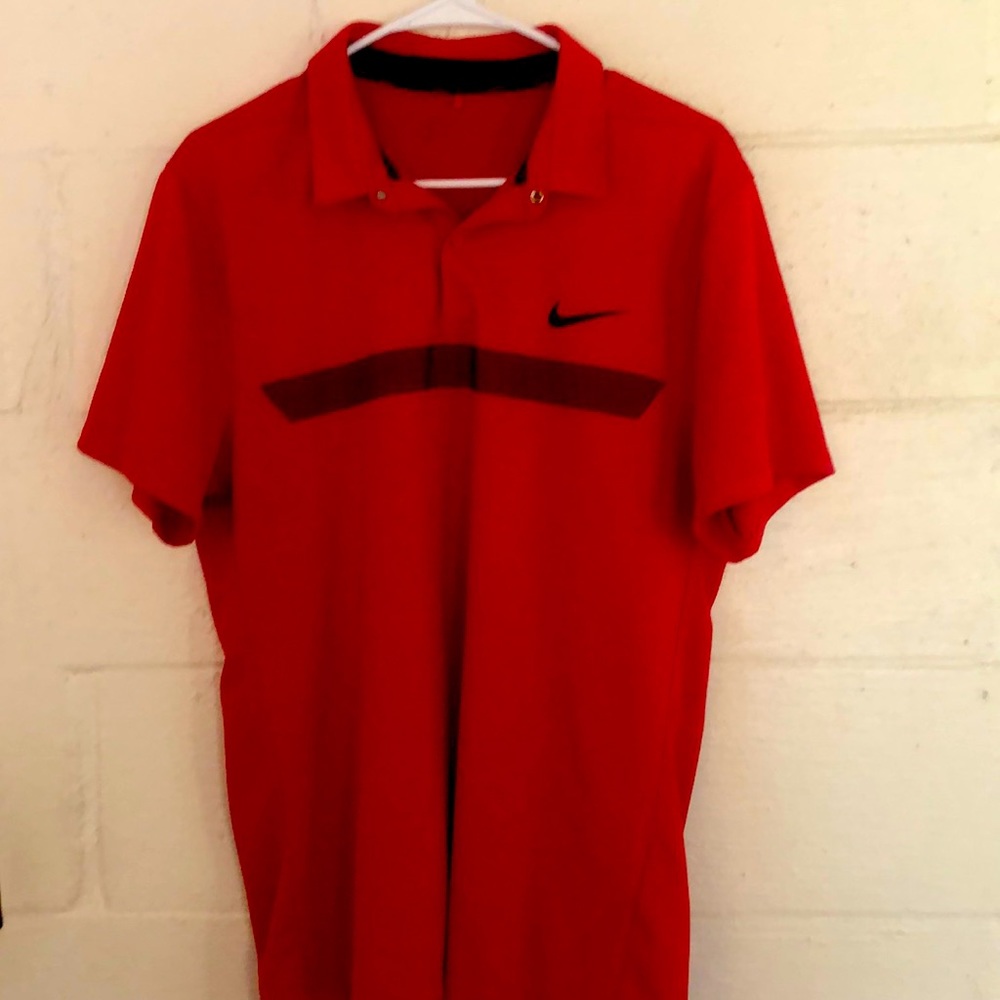 Large, red Nike dry fit polo style shirt